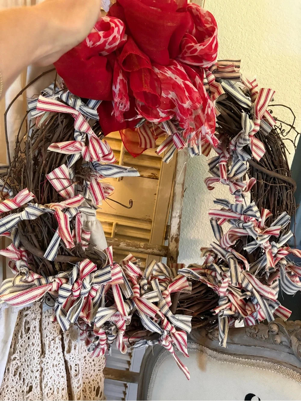 Handcrafted Red and Stripe Holiday Wreath - Home Holiday